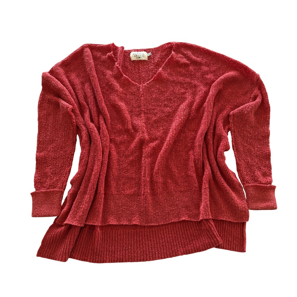 The Normal Brand Womens Medium Coral Red V-Neck Chunky Knit High-Low Sweater